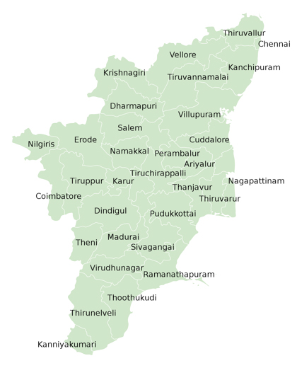 Tamil Nadu region in India map